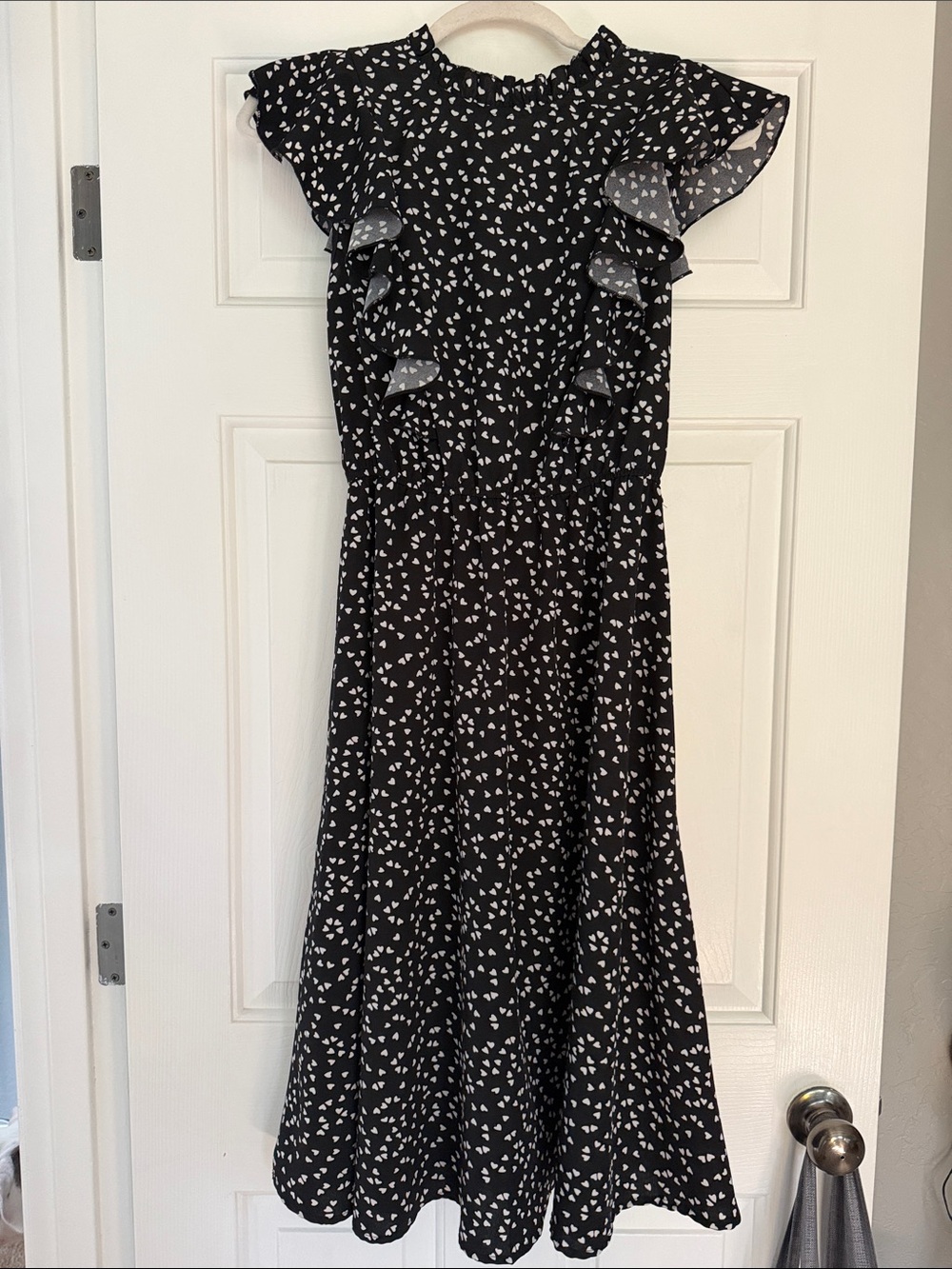 SHEIN Black Midi Dress with White Heart Print and Ruffle Sleeves